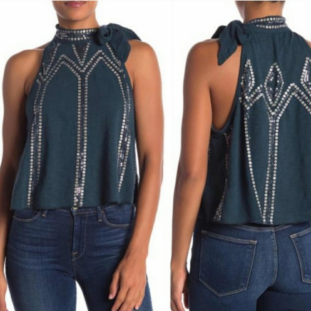 💙 Free People blue and sequin halter top